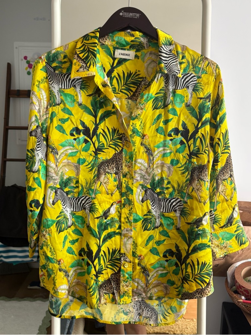 L'AGENCE Yellow Shirt with Green Tropical Leaf Print